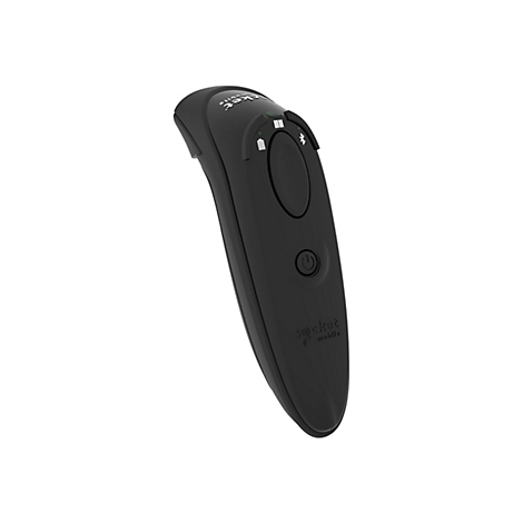 Schwarzer Barcode-Scanner vor weißem Hintergrund. Oben befinden sich Knöpfe mit Symbolen für Akku, Bluetooth und Barcode. Unten steht "Socket Mobile".