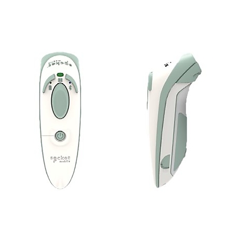 Zwei Ansichten eines weißen und mintfarbenen Barcode-Scanners. Auf der einen Seite befindet sich ein Power-Knopf. Rechts Ansicht in Seitenansicht.
