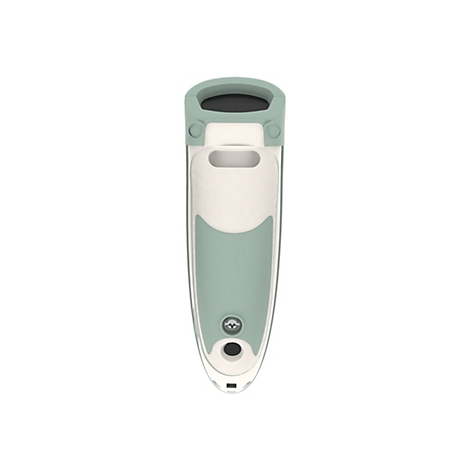 Ein längliches Gerät in Mintgrün und Weiß, mit runden Formen. Oben und unten befinden sich dunkle Öffnungen, vermutlich Bedienelemente.