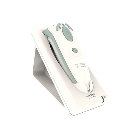 Ein weißes Socket Mobile Gerät, in einer weißen Halterung. Das Gerät hat grüne Akzente und den Schriftzug „socket mobile“.