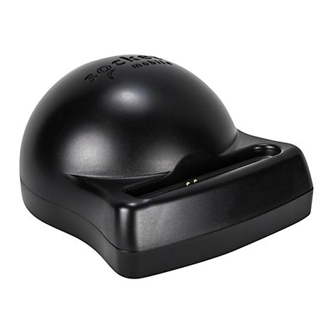 Schwarze Dockingstation für Mobilgeräte mit Schriftzug. Sie hat eine halbkugelförmige Oberseite und eine Mulde zur Aufnahme des Geräts.