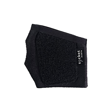 Schwarze, rechteckige Halterung mit Klettverschluss und Logo. Dient zum Befestigen von Geräten.