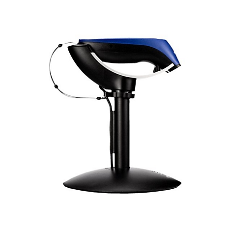 Ein Barcode-Scanner in Schwarz und Blau steht auf einem schwarzen Ständer.