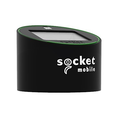 Schwarzer, zylindrischer Barcode-Scanner mit grünem Akzent. Oben ein quadratisches Display. "socket mobile" Schriftzug.