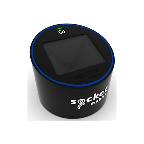 Schwarzes zylindrisches Lesegerät mit blauem Rand und dem Schriftzug "socket mobile". Auf der Oberseite ein dunkles Rechteck.