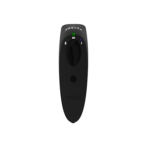 Schwarzer Barcode-Scanner vor weißem Hintergrund. Oben befinden sich grüne und blaue LEDs. Ein ovales Bedienfeld und eine runde Taste sind sichtbar.