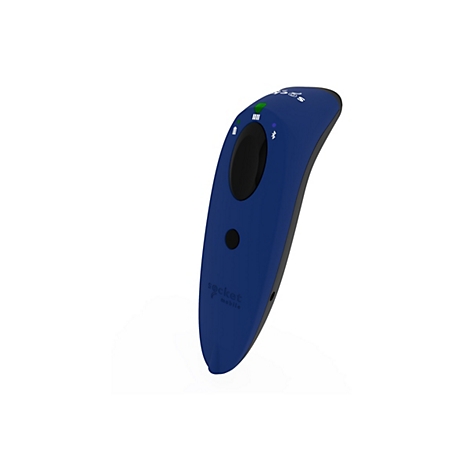 Blauer, ergonomisch geformter Barcode-Scanner. Oben Anzeigen für Akku und Bluetooth. Firmenlogo auf der Vorderseite.