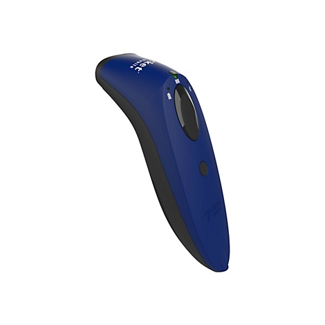 Blauer Barcodescanner, der leicht geneigt auf weißem Hintergrund liegt. Auf dem Scanner sind Markierungen und Logos zu sehen.