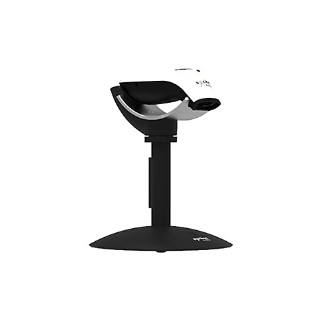 Ein Barcodescanner in einer Halterung. Der Scanner ist weiß und schwarz, mit einem silberfarbenen Halter. Der Ständer ist schwarz.