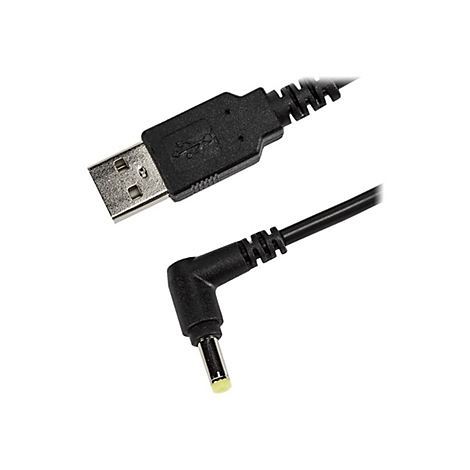 Schwarzes USB-Kabel mit Stecker und rechtwinkligem Anschluss.