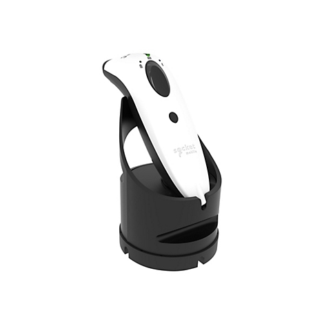 Ein weiß-schwarzes Barcode-Lesegerät steht in einer schwarzen Ladestation. Oben befinden sich grüne Indikatoren. Der Schriftzug 'socket mobile' ist zu sehen.