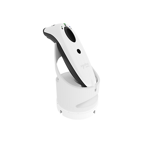 Ein weißer Barcode-Scanner mit schwarzem Akzent und Halterung, auf weißem Hintergrund. Mit Logo 'socket mobile'.