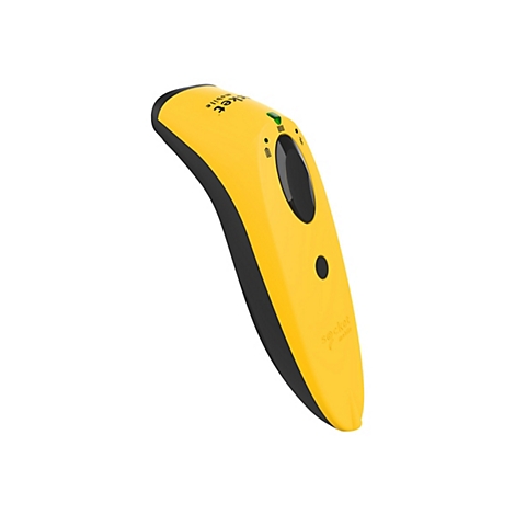Gelb-schwarzer Barcode-Scanner. Oben Text: Socket Mobile. Auf der Oberseite Anzeigen.