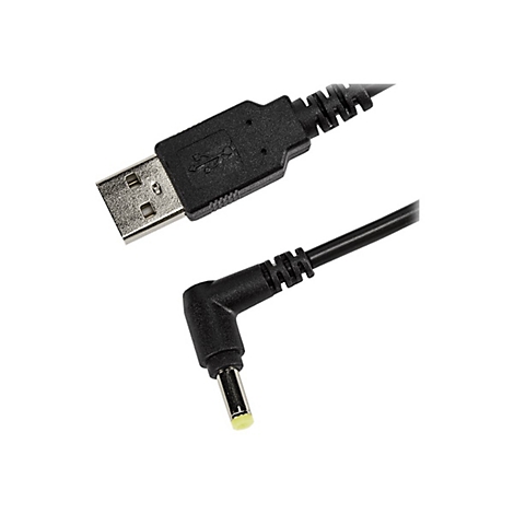 Schwarzes USB-Kabel mit Stecker und rechtwinkligem Hohlstecker auf weißem Hintergrund.