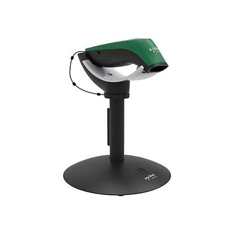 Ein Barcode-Scanner in Grün und Schwarz, befestigt auf einem schwarzen Ständer.