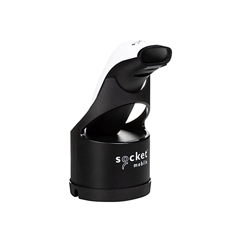 Ein Barcode-Scanner in Schwarz und Weiß vor weißem Hintergrund. Der Scanner ist leicht angewinkelt, mit dem Schriftzug "socket mobile" auf der Seite.