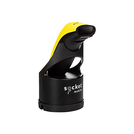Ein schwarzer Barcodescanner mit gelbem Akzent. Das Gerät zeigt den Schriftzug "socket mobile".
