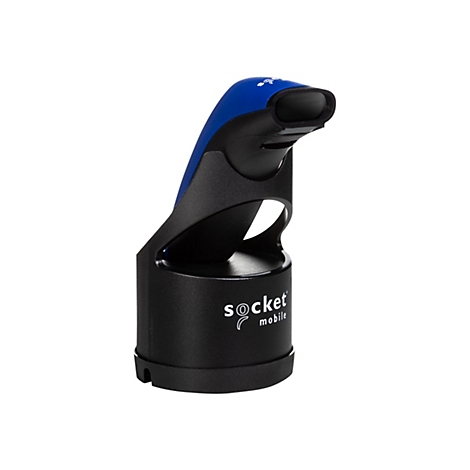 Ein schwarzer Barcode-Scanner steht aufrecht. Der Griff ist blau und der Kopf hat eine schwarze Öffnung.