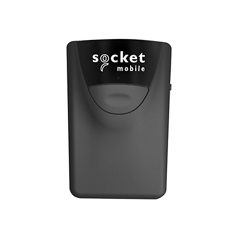 Schwarzes rechteckiges Gerät mit abgerundeten Ecken. Oben steht "socket mobile". Darunter ein Knopf. Hintergrund weiß.