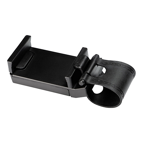 Schwarze Handyhalterung für das Lenkrad im Detail. Oben die Halterung für das Handy, unten die Halterung für das Lenkrad.