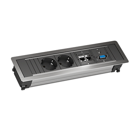 Silver built-in module with two sockets, network connection, and VGA socket. The lid is dark gray.