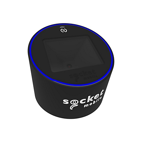 Schwarzes, zylindrisches Gerät mit blauem Lichtring und "socket mobile"-Logo. Oben ist ein rechteckiger Ausschnitt.