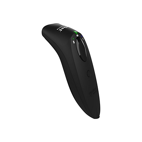 Ein schwarzer Barcodescanner, der leicht abgewinkelt vor weißem Hintergrund liegt. Oben steht "socket mobile". Grüne und blaue LED's leuchten.