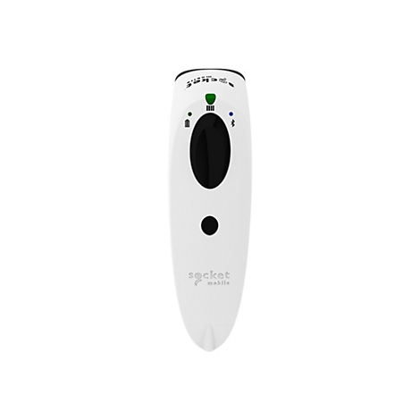 Weißes Barcode-Lesegerät mit schwarzem Knopf und Display, Socket Mobile-Logo.