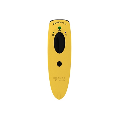 Gelbes Barcode-Lesegerät mit schwarzem Bedienfeld, grüner LED, Batterieanzeige und Bluetooth-Symbol. "socket mobile" steht unten.
