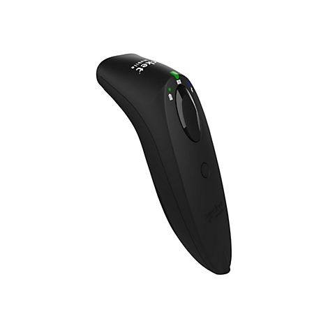 Schwarzer Barcodescanner auf weißem Hintergrund. Oben das Logo "Socket Mobile", darunter LED-Anzeigen und eine Taste.