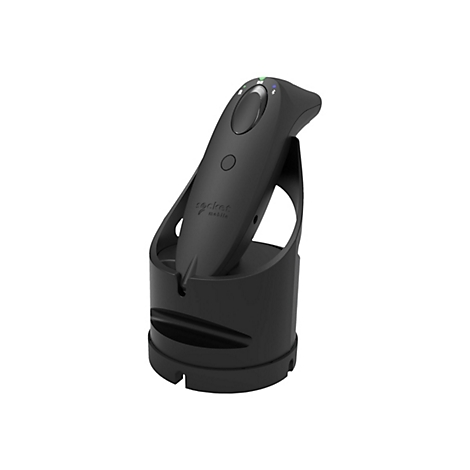 Schwarzer Barcode-Scanner mit Ladestation, Logo Socket Mobile.