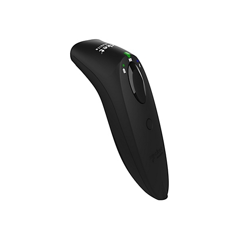 Schwarzer Barcode-Scanner auf weißem Hintergrund. Oben sind LED-Anzeigen und ein Knopf.