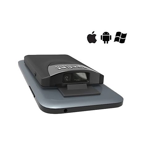 Dunkler Barcode-Scanner, montiert auf einem Tablet. Oben Symbole für Apple, Android und Windows.