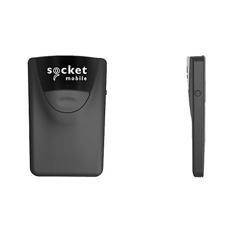 Schwarzes Socket Mobile Gerät, Vorder- und Seitenansicht. Oben Logo, runde Form. Detail mit Knöpfen.