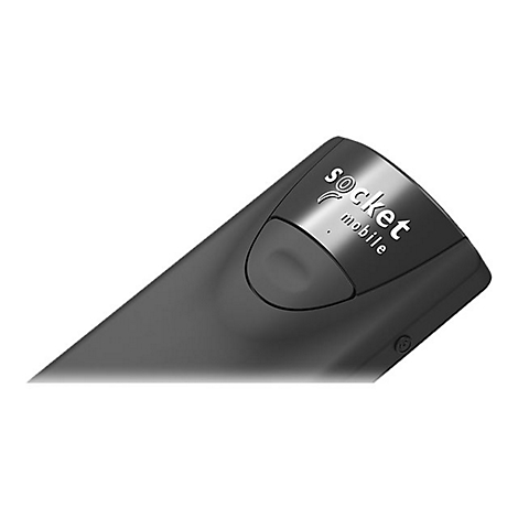 Draufsicht auf ein schwarzes, modernes Produkt. Auf der Oberseite steht in Weiß "socket mobile".