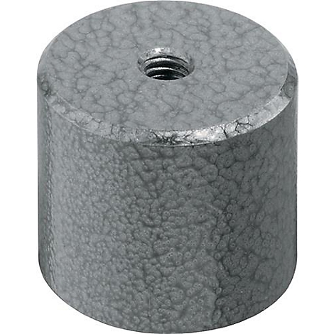 Pièce métallique cylindrique, grise texturée, avec filetage au centre.