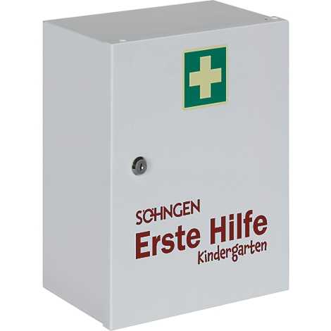 Witte EHBO-doos met groen kruis en opschrift "EHBO kleuterschool".