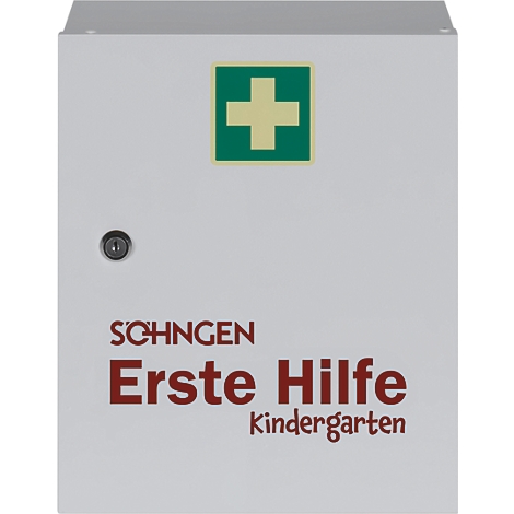Grijze EHBO-kist voor kleuterschool met groen kruis en belettering.