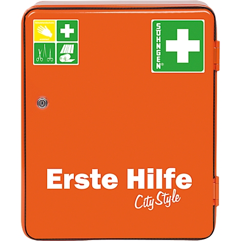 Orangefarbener Erste-Hilfe-Kasten mit weißem Kreuz. Aufschrift "Erste Hilfe City Style".