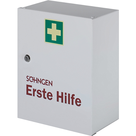 Weißer Erste-Hilfe-Kasten mit grünem Kreuz und Aufschrift.