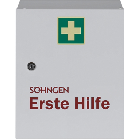 Ein weißer Erste-Hilfe-Kasten mit grünem Kreuz. Aufschrift: SCHNÜNGEN Erste Hilfe.
