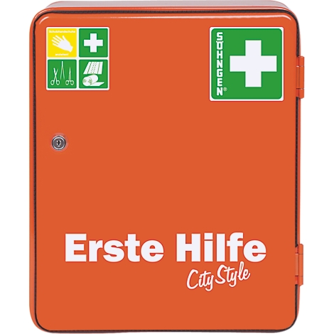 Orange Erste-Hilfe-Kasten mit weißem Kreuz, Text 'Erste Hilfe City Style' und Symbolen.