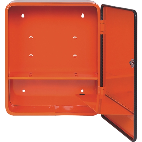 Offener, orangefarbener Erste-Hilfe-Kasten aus Metall, Halterungen für die Wand und ein Fach.