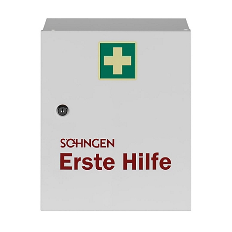 Weißer Erste-Hilfe-Schrank mit grünem Kreuz und roter Aufschrift Erste Hilfe.