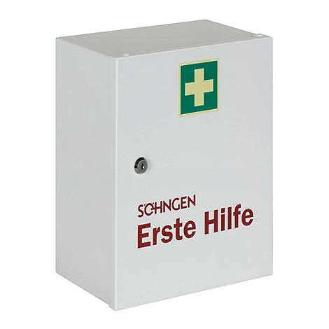 Weißer Erste-Hilfe-Wandschrank aus Metall mit grünem Kreuz-Symbol und der Aufschrift Schöngen Erste Hilfe.