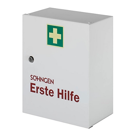 Weißer Erste-Hilfe-Schrank aus Metall mit grünem Kreuz-Symbol und Aufschrift.