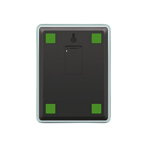 Rückseite eines digitalen Geräts mit vier grünen Standfüßen, Batteriefach und einer Aufhängung für die Wand.
