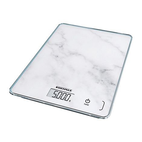 Digitale Soehnle Küchenwaage mit weißer Marmoroptik und LCD-Anzeige vor weißem Hintergrund.