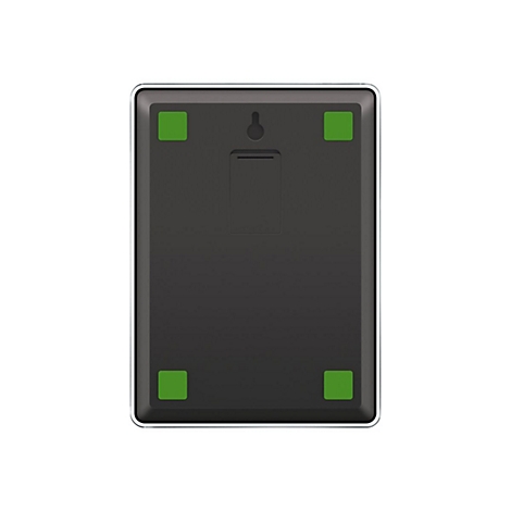 Rückseite eines schwarzen elektronischen Geräts mit vier grünen Gummifüßen und einer Aufhängevorrichtung.