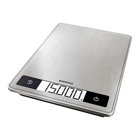 Digitale Soehnle Küchenwaage mit Edelstahl-Oberfläche und beleuchtetem Display zeigt 15000g an.